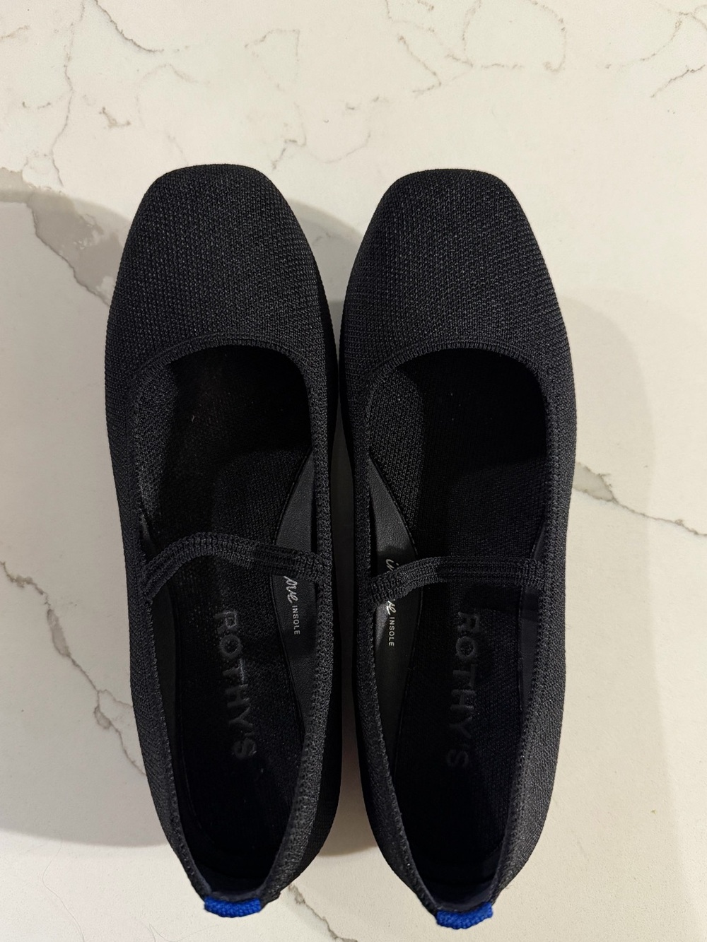 Rothy's Black Knit Square-Toe Ballet Flats with Blue Heel Tab